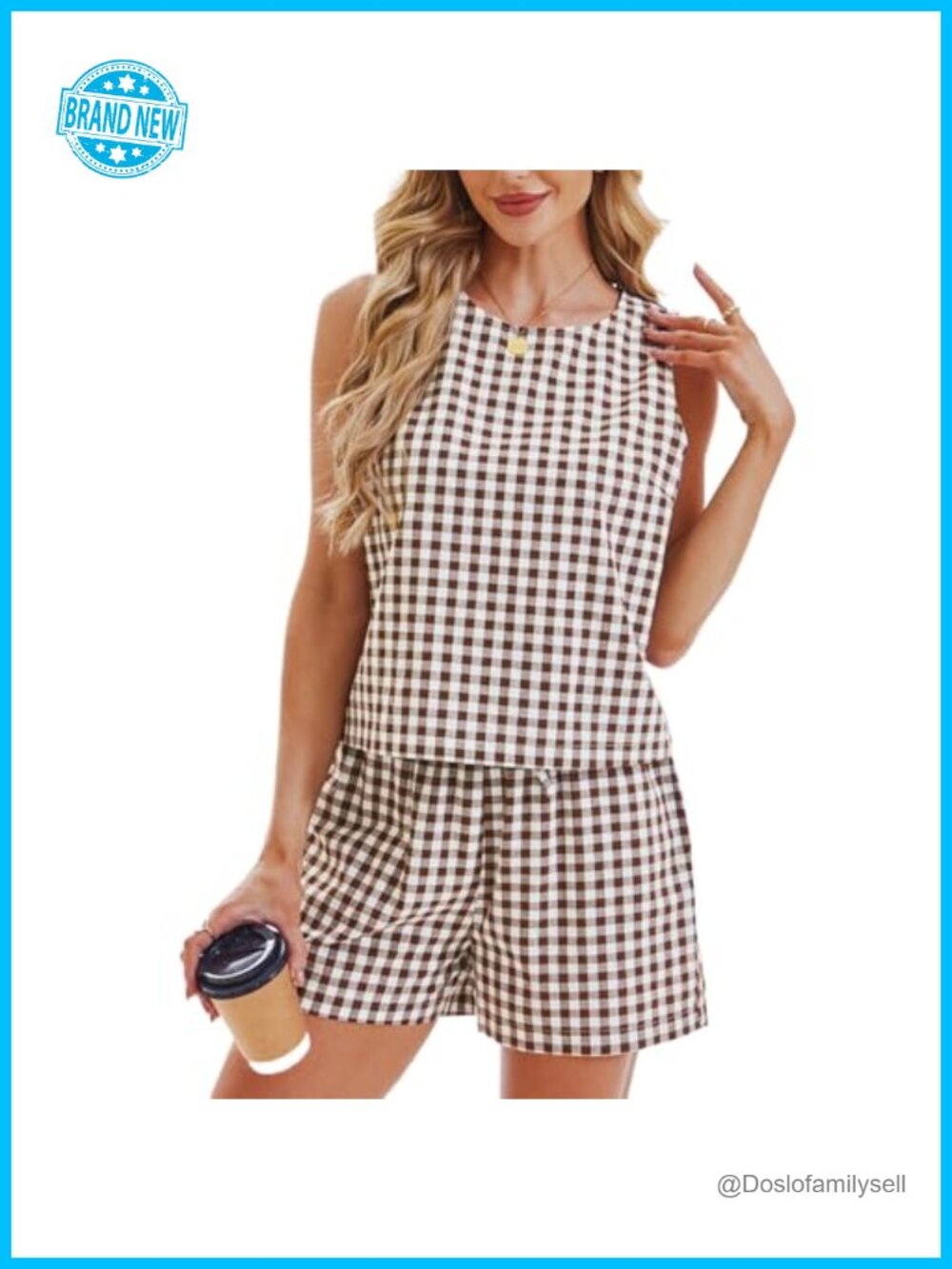 Womens Cotton Linen Gingham Two Piece Set Sleeveless Top & Shorts